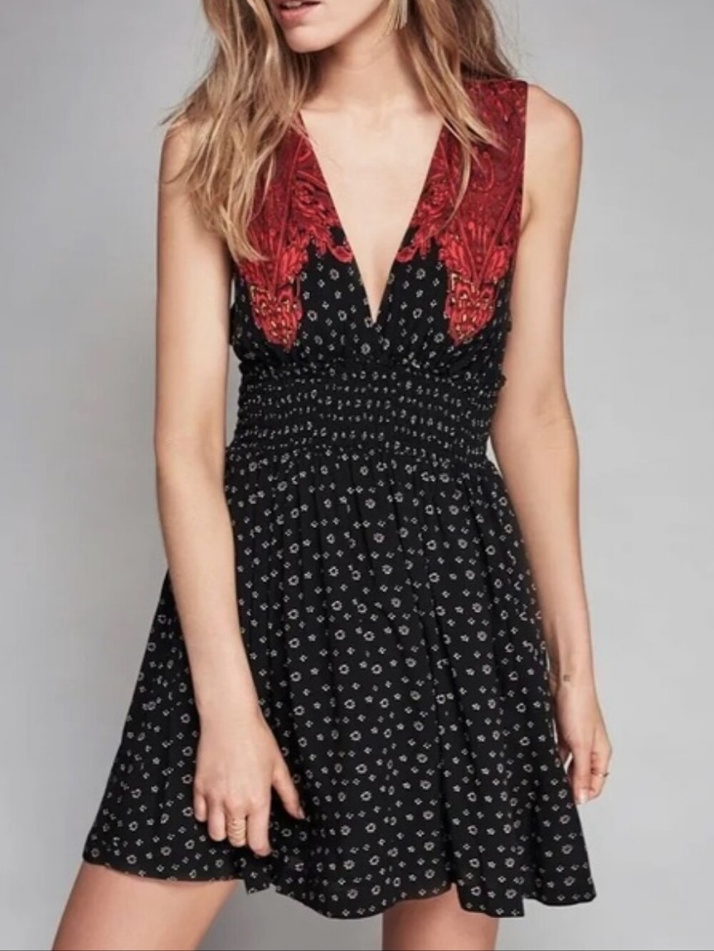 Free People Walking Through My Dreams Mini Dress Black Red Floral Boho